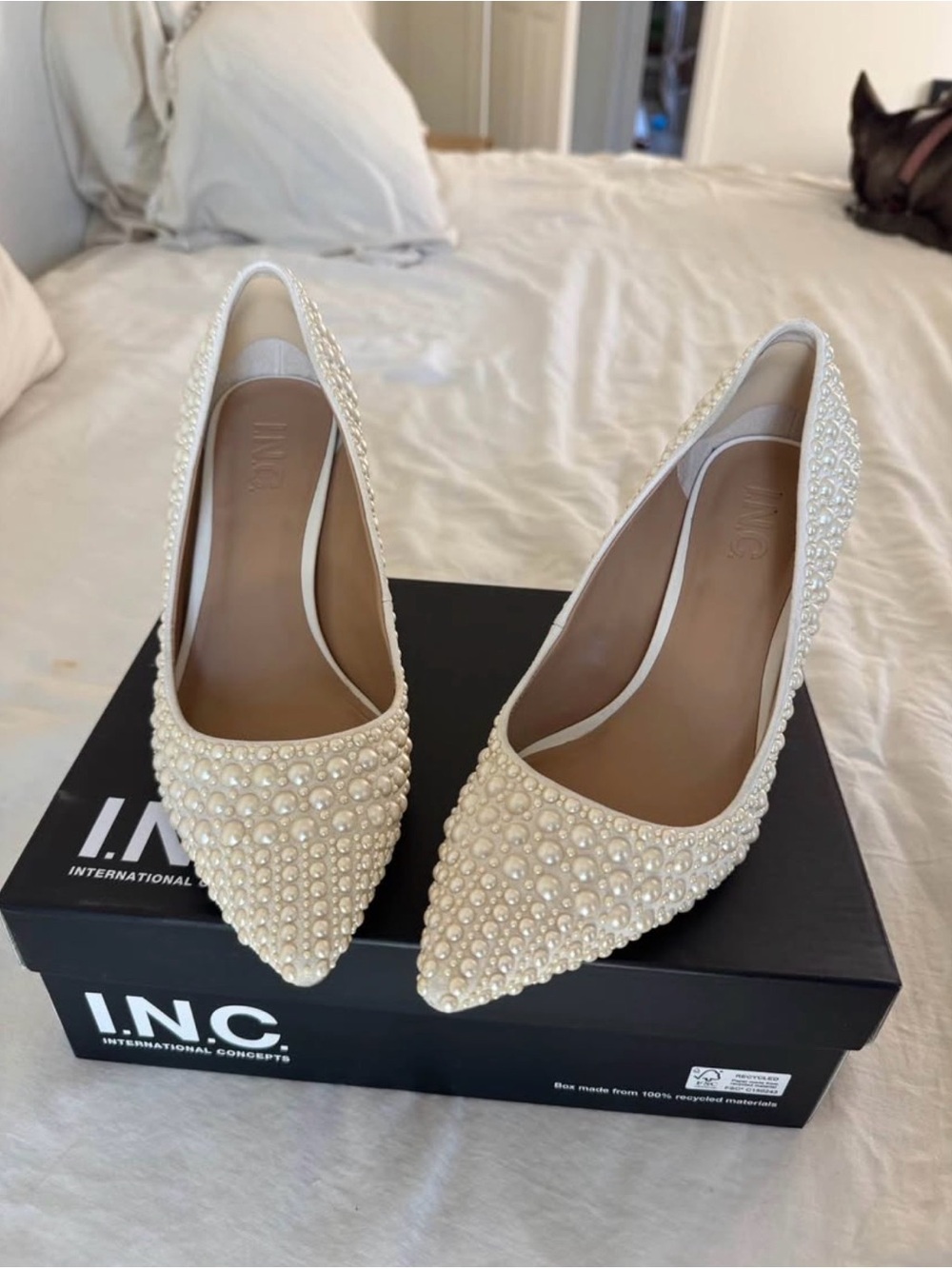 INC Pearl-Studded Pointed Toe Pumps in Ivory